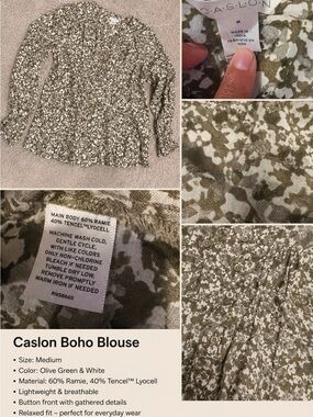 Caslon Olive Green & White Floral Print Boho Top